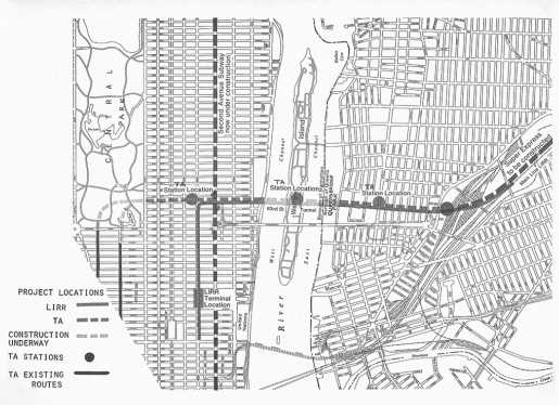 Map showing proposed East 63rd Street tunnel. Final Environmental Statement, Urban Mass Transportation Administration, U.S. Department of Transportation, April 1973.