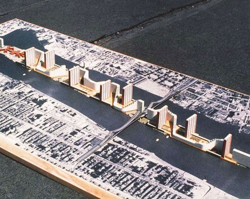 East Island Plan site model. Victor Gruen Architect, 1961. Unattributed photograph courtesy of the Roosevelt Island Operating Corporation.
