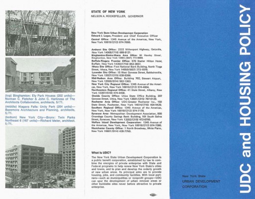 UDC and Housing Development brochure, New York State Urban Development Corporation, 1971.
